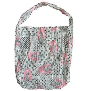 Free People Ivory/Pink/Black Floral Gauze Mesh Cotton Reusable Hobo Tote Bag